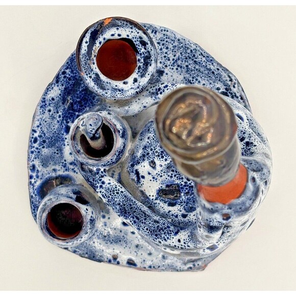 Vintage Clay‎ Art Pottery Figure Sitting w/Pots Primitive Blue Speckled Glazed - Picture 10 of 16